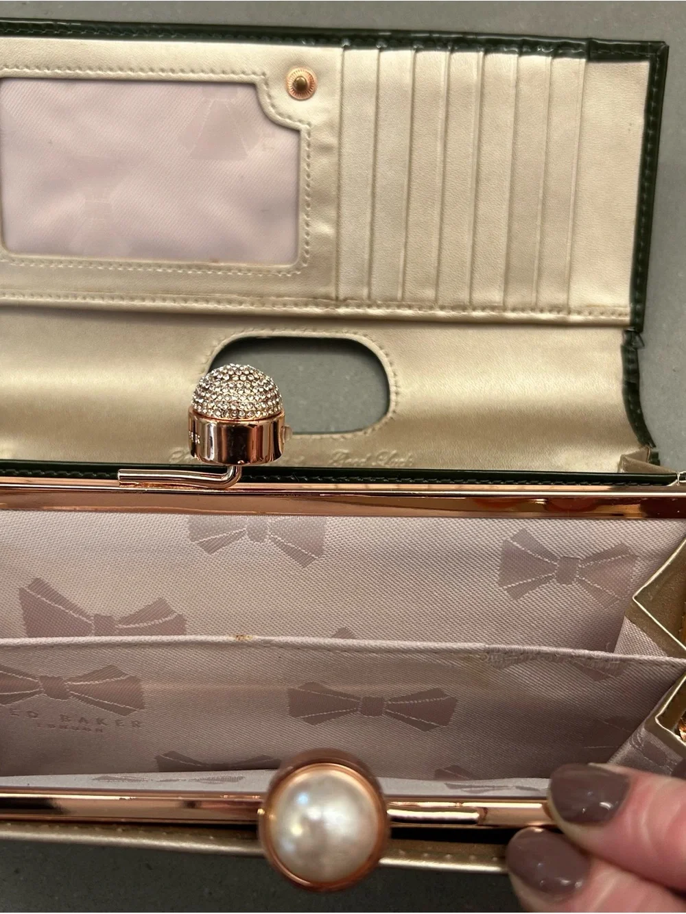 Ted Baker Olive Green Patent Clutch with crystal and pearl kiss lock